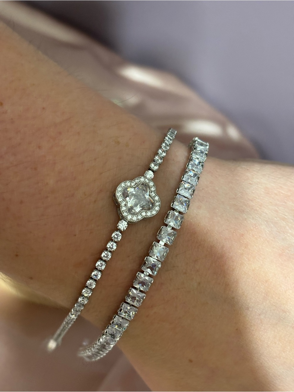 Silver Crystal Tennis Bracelet Set - Clear Crystal Accent